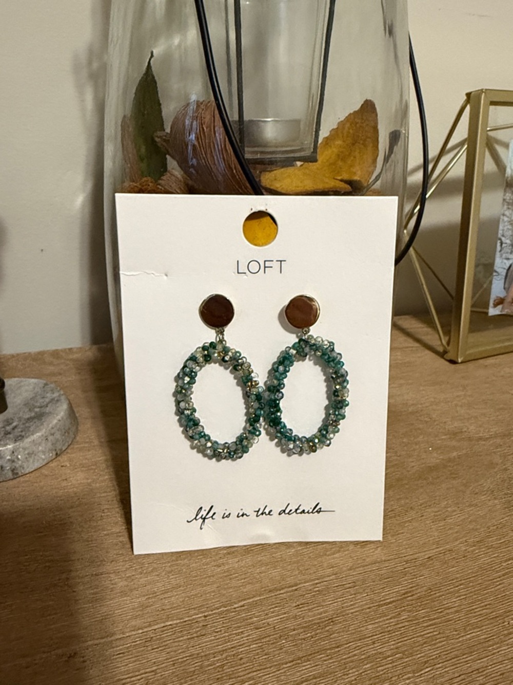 LOFT Gold-Top Oval Earrings with Green Beaded Hoops